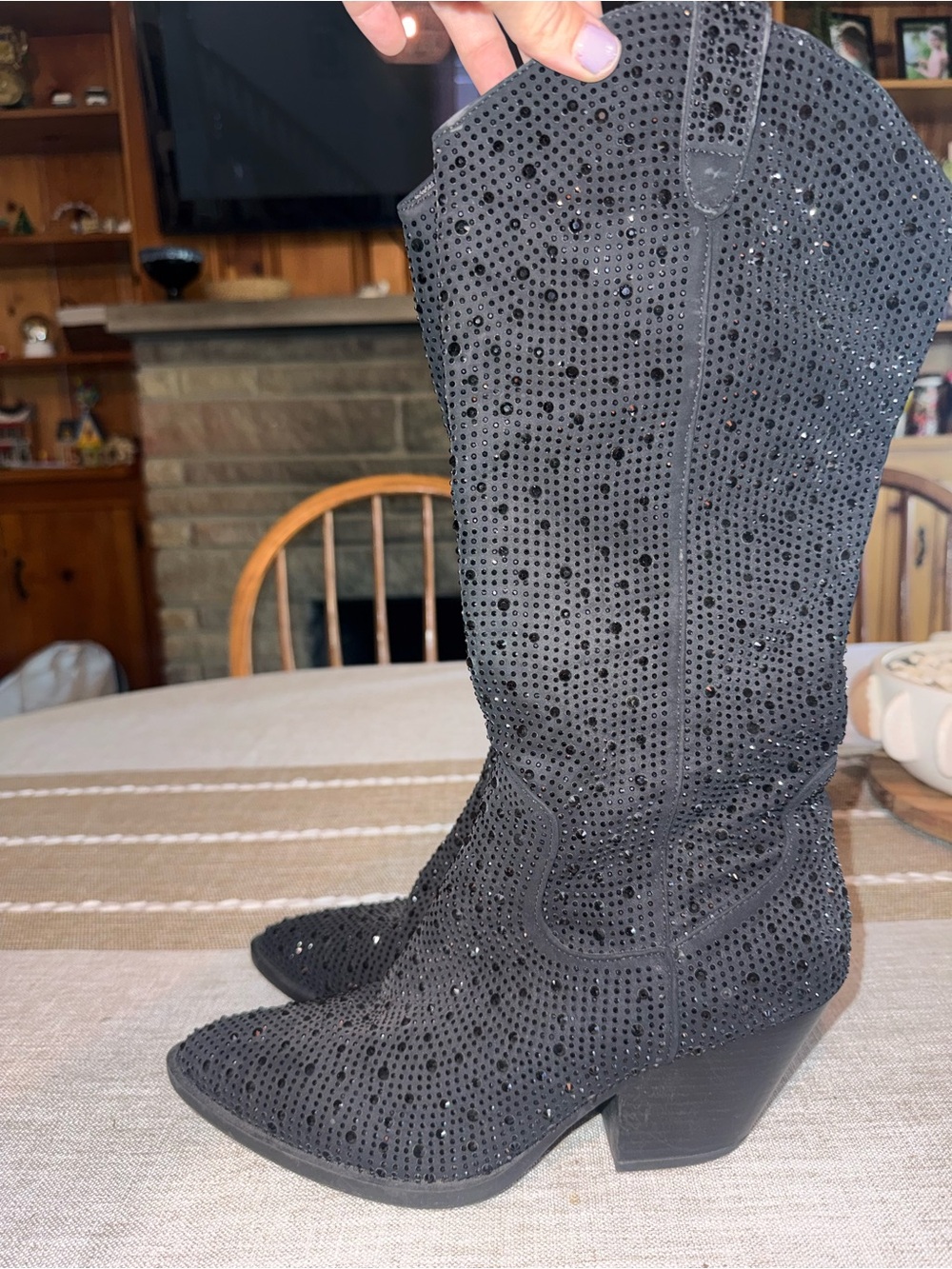 Black Embellished Suede Mid-Calf Heeled Boots - Women